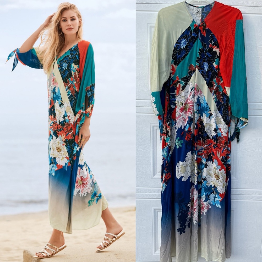 Johnny Was floral print viscose maxi dress kaftan beach cover up